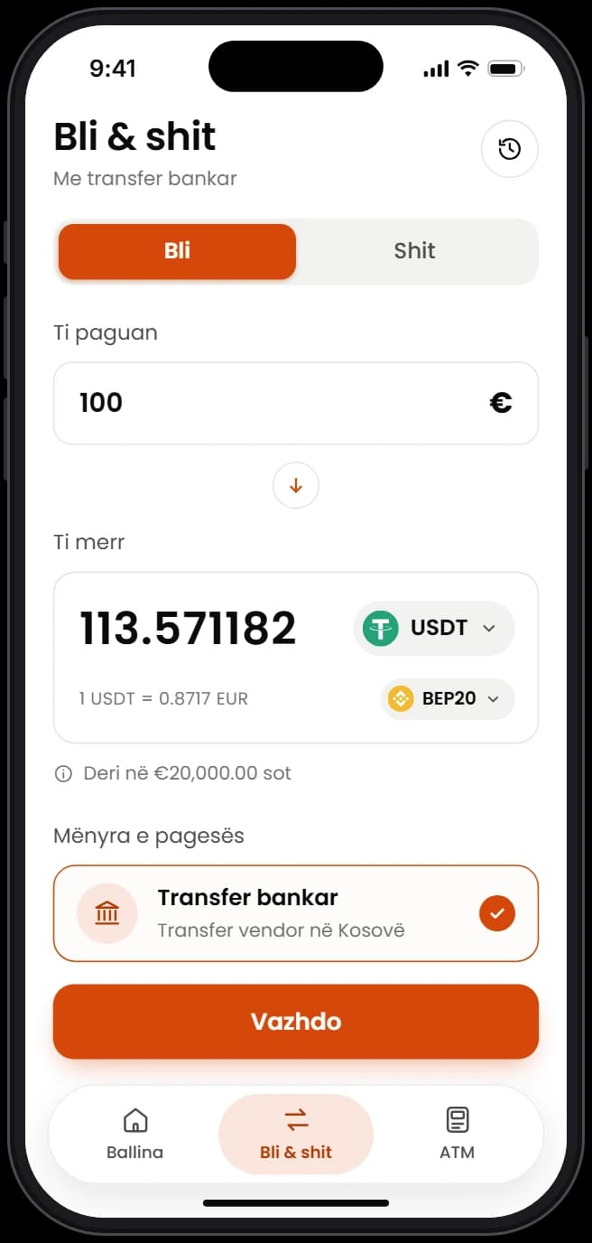 Blerja e USDT me transfer bankar në aplikacionin CoinPrime
