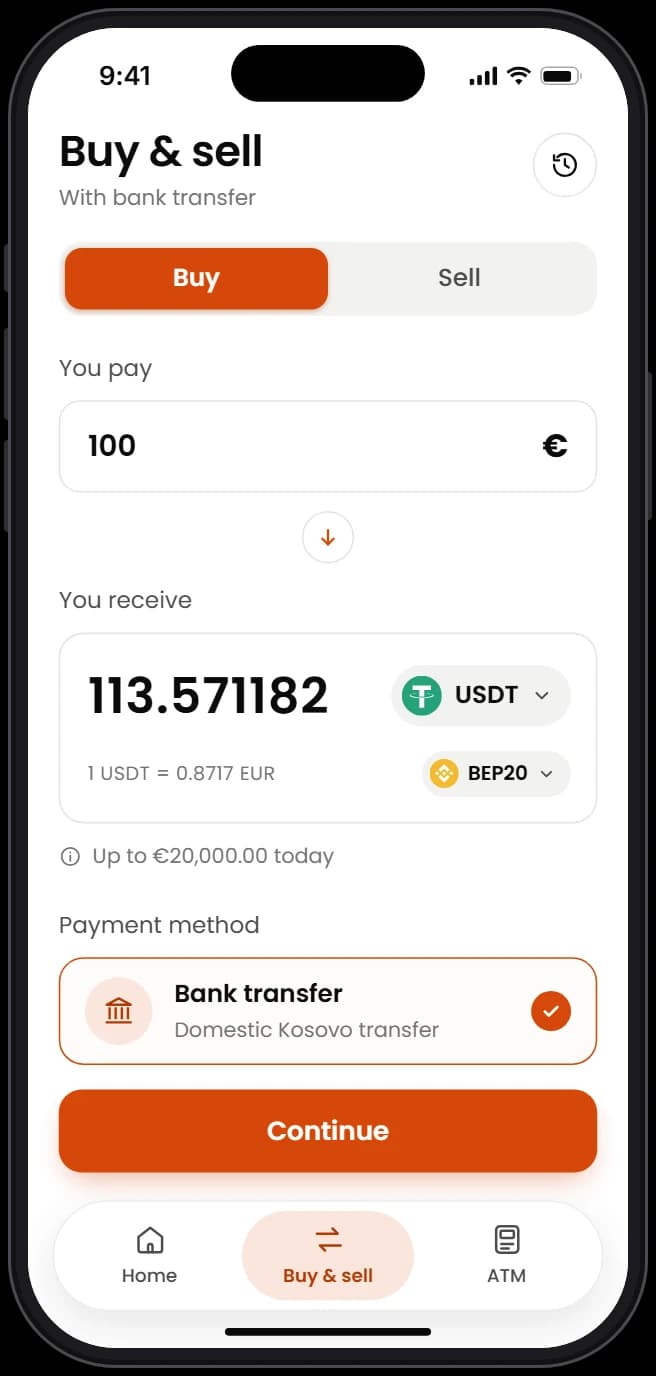 Buying USDT with a bank transfer in the CoinPrime app