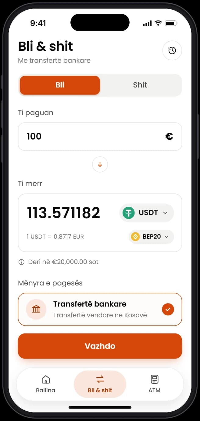 Blerja e USDT me transfertë bankare në aplikacionin CoinPrime