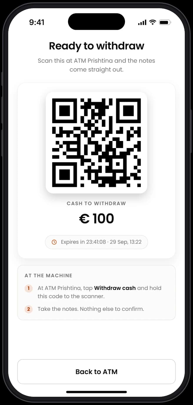 A € 100 ATM withdrawal ready to collect in the CoinPrime app