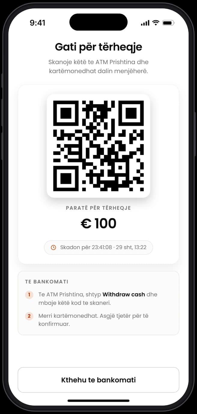 Një tërheqje prej € 100 te bankomati, gati për t'u marrë në aplikacionin CoinPrime