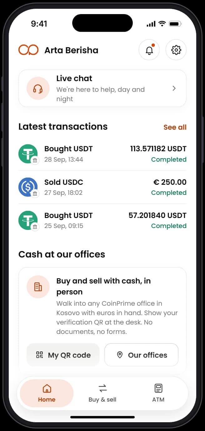 The CoinPrime app home screen, with live chat and the latest transactions