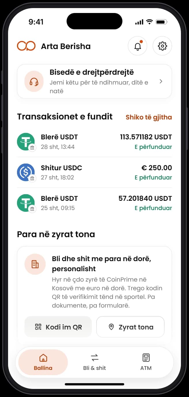 Ballina e aplikacionit CoinPrime, me bisedën e drejtpërdrejtë dhe transaksionet e fundit